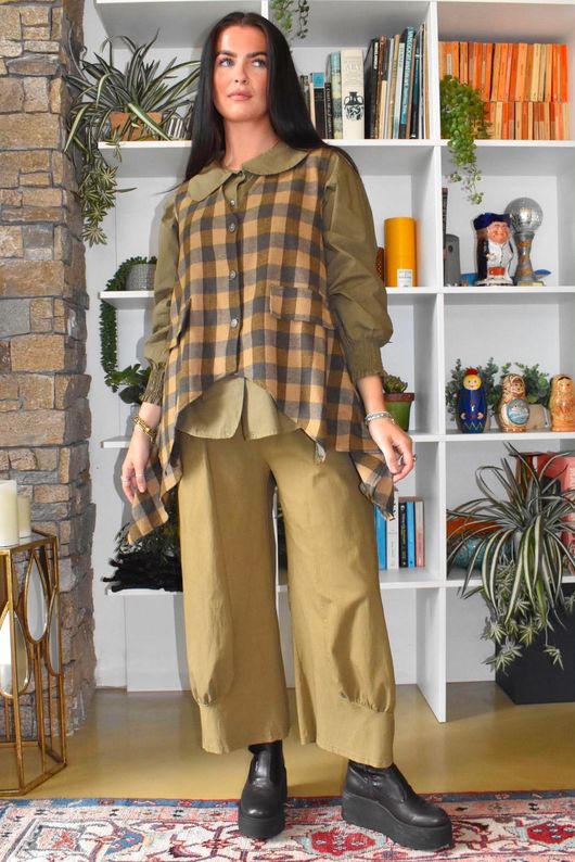 Nora Brushed Cotton Gingham Trapeze Waistcoat Deep Olive